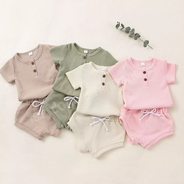 

baby clothing set waffle button short sleeve shorts 2pcs/set infant toddler soft cotton outfits kids casual boutiques clothes for summer, White