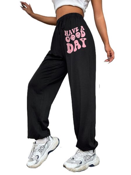 

slogan & cartoon face print tie waist sweatpants k2uo#, Black;white