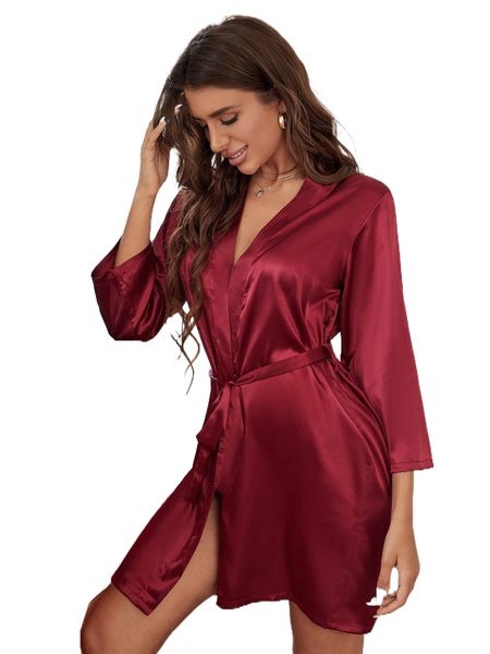 

drop shoulder contrast trim belted satin sleep robe i1zt#, Black;red