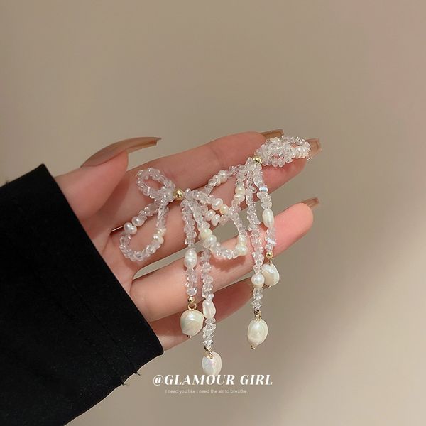

silver needle crystal freshwater pearl bow tassel earrings french retro super fairy stud earrings eardrop design, Golden
