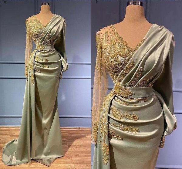

mint green mermaid prom dresses beaded v neck long sleeve evening gowns party dress special occassion robe de soiree, Black;red