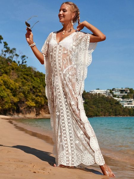 

floral sheer mesh cover up a05s#, White;black