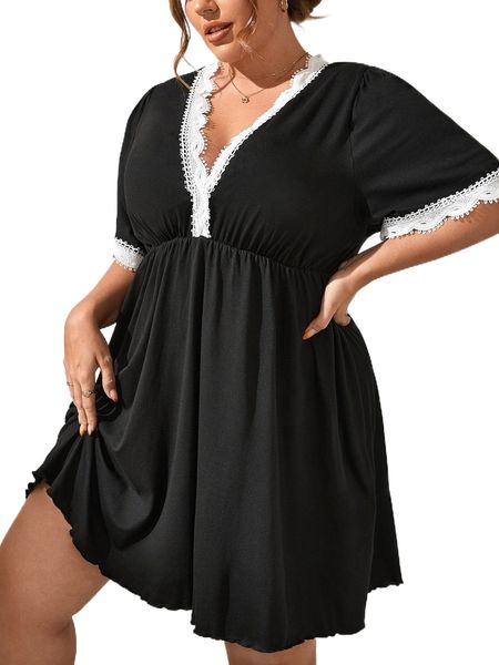 

plus contrast guipure lace nightdress q5g1#, Black;white