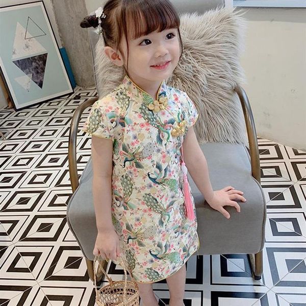 Ethnische Kleidung 2-9Y Chinesisches Cheongsam für Mädchen Gelber Pfau Blumendruck Hanfu Kleider Kinder Kurzarm Qipao Prinzessin Sommer CottonEth