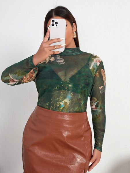 

plus painting print mock neck mesh g94m#, Black