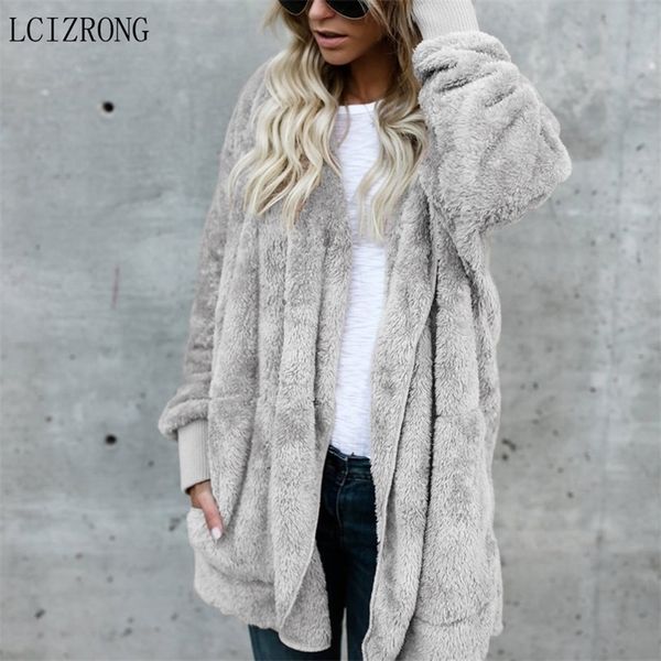 

autumn hooded open stitch faux fur coat women solid plus size teddy coat winter long sleeve pink fashion slim fur jacket female y200109, Black