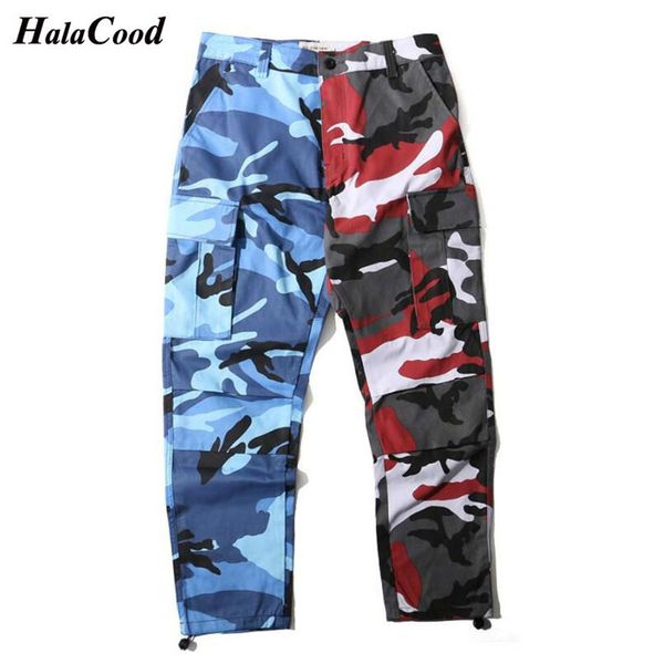 

new fashion two-tone camo pants hip hop patchwork camouflage military cargo trouser casual cotton multi pockets pant streetwear 20271r, Black