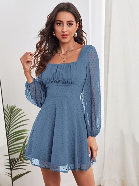 

ruched bust lantern sleeve swiss dot chiffon dress 99ki#, Black;gray