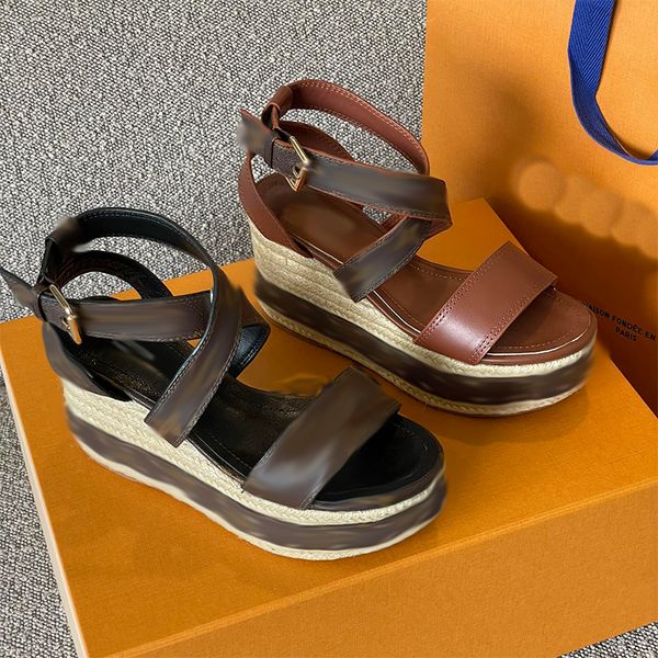 

designer women sandals starboard wedge sandals espadrilles luxury leather high heels with adjustable buckle wedding dress lady shoes with, Black
