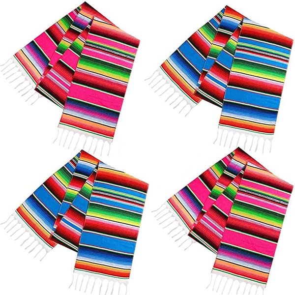 Mexikanische Tischläufer, 4er-Pack, 35,6 x 279,2 cm, große mexikanische Mottoparty-Dekoration für die Cinco de Mayo-Fiesta-Party, Serape-Tischläufer, Rot und Blau