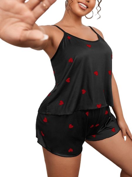 

plus heart print cami pj set c2bo#, Black;white