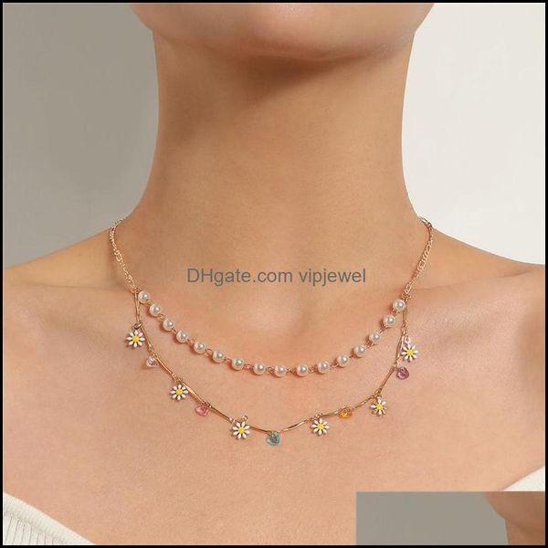 

chokers necklaces pendants jewelry 2021 fashion choker beads necklace for women daisy flower double-layer gold chunky white pearl rhinesto, Golden;silver