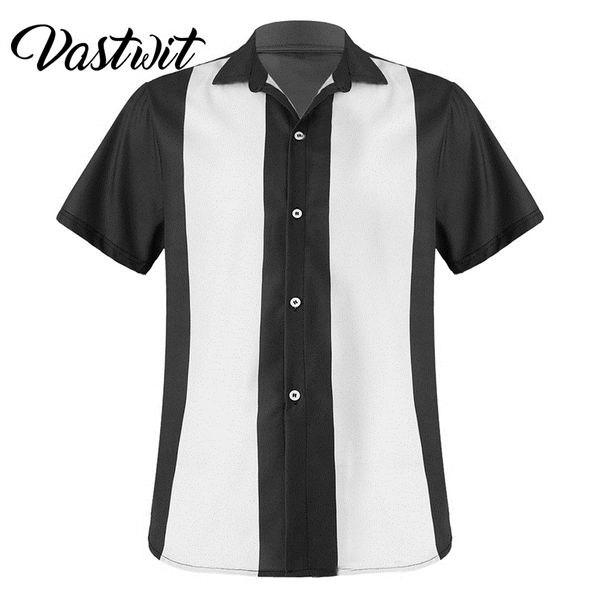 

mens bowling shirt cuban style retro short sleeve camp button-down vintage two tone striped casual dress 220322, White;black