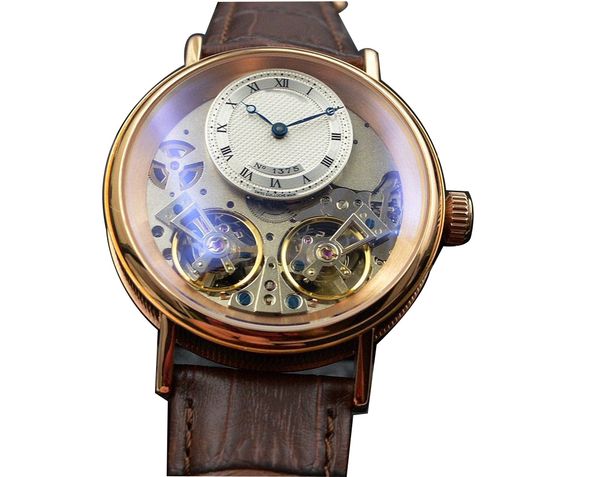 

men's watch double flying wheel mechanical movement mineral super mirror calfskin 42mm, Slivery;brown