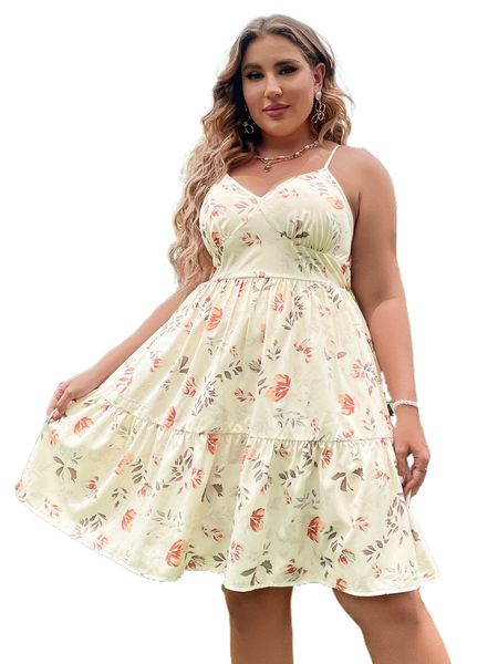 

plus plants print ruffle hem cami dress u3lf#, Black