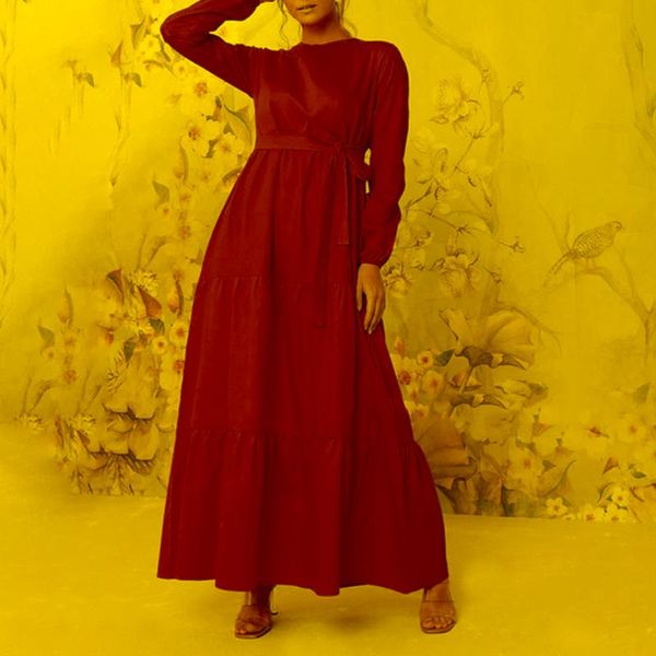 Ethnische Kleidung Elegante Kleider für Frauen Runder Kragen Volle Hülse Solide Maxi Vestidos Muslim Dubai Mode Pakistan Kleidung 2022 Frühling Herbst