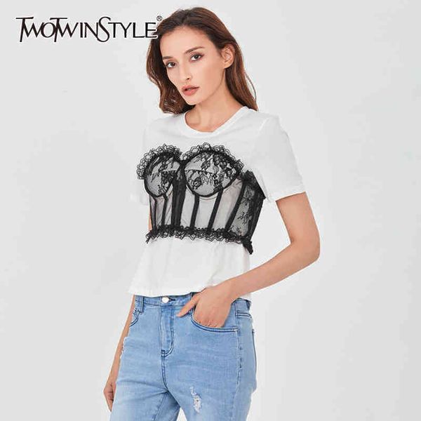 

hit color patchwork lace t shirt for women o neck short sleeve casual female fashion clothing summer 210423, White