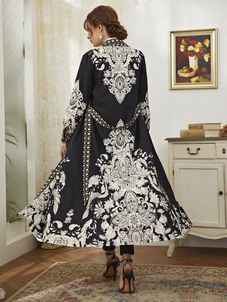 

floral print belted shirt dress v9nf#, Black;gray
