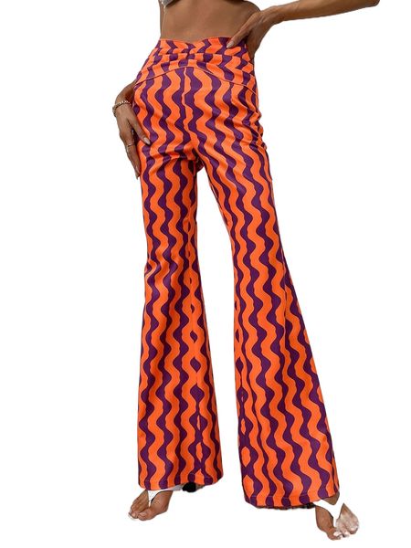 

wave striped plicated detail flare leg pants i09v#, Black;white