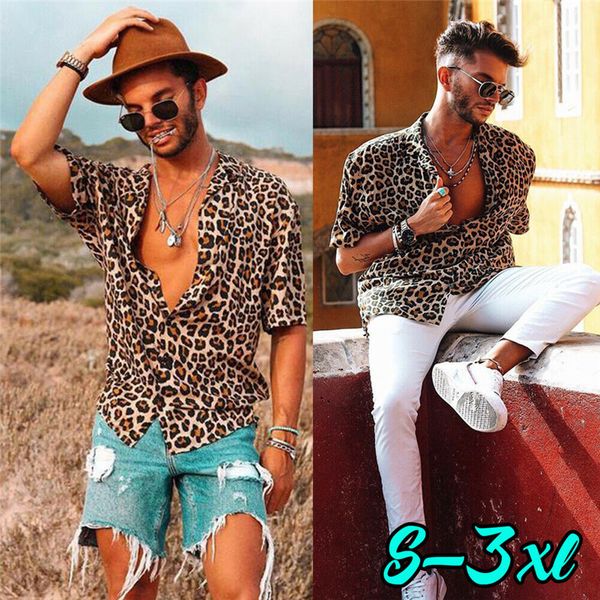 Camisas casuais masculinas de manga curta soltas camisas de botão de leopardo com decote em V de algodão S-3XL nova moda verão