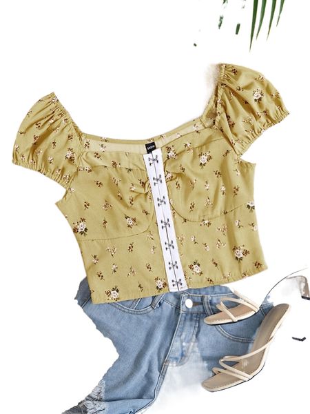 

hook and eye puff sleeve floral print crop d0aq#, White