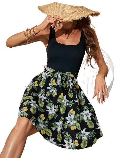 

tropical print belted cami dress r61r#, Black;gray