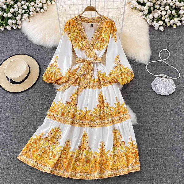 

casual dresses light luxury temperament holiday style big swing long skirt fashion printed lantern sleeve v-neck dress spring gqti, Black;gray