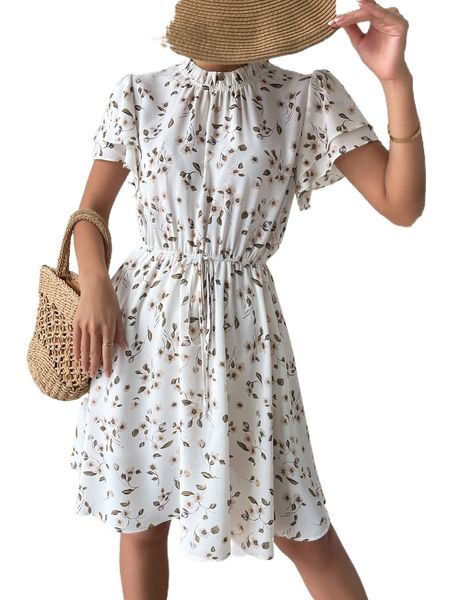 

allover floral print layered ruffle sleeve tie waist dress s9m9#, Black;gray