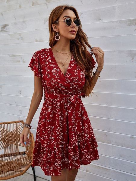 

ditsy floral wrap belted a-line dress k6r6#, Black;gray