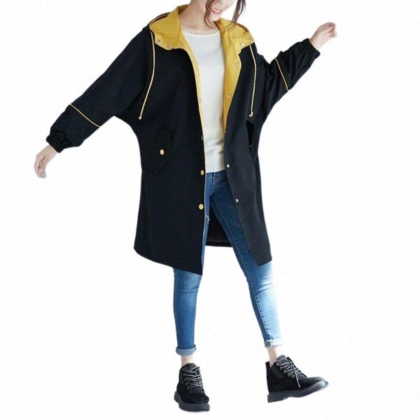 

women's trench coats wuzhongren women long sleeve outer coat winter windbreaker hooded single breasted wide-waisted loose size printed, Tan;black