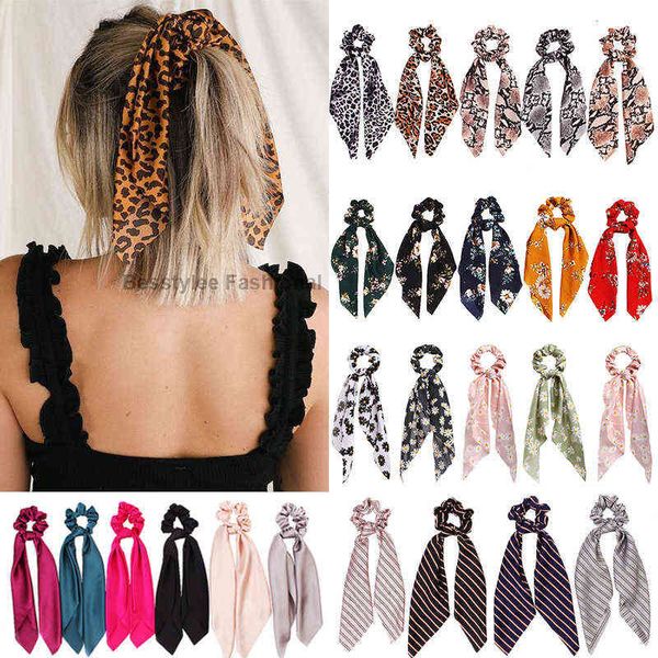

fashion leopard print scrunchies bow chiffon elastic hair bands long ribbon ponytail scarf hair tie women girls hair accessories aa220323, Pink