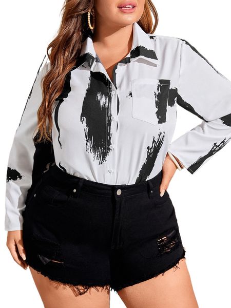 

plus brush print patched pocket blouse e3fg#, Black
