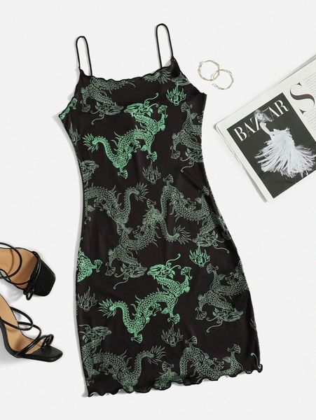 

lettuce trim chinese dragon print dress s6dt#, Black;gray