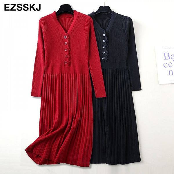 

elegant long sleeve ol vneck midi sweater dress women thick knit autumn winter dress female slim aline basic dress casual 210303, Black;gray