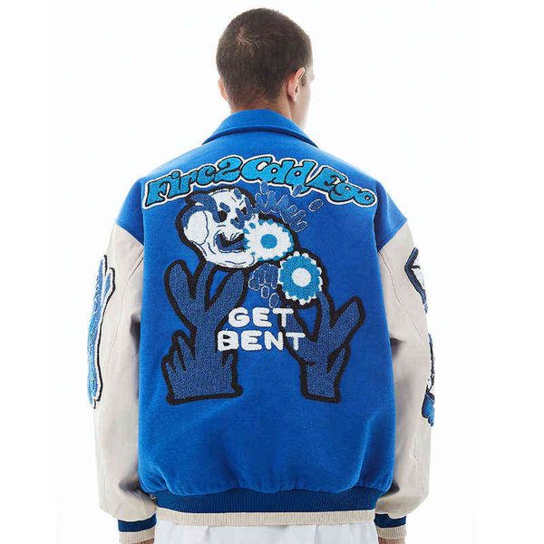 Hip hop beyzbol ceket ceket erkek sokak kıyafeti iskeleti nakış patchwork bombacı kolej ceketi harajuku sıradan üniversite ceketleri t220728