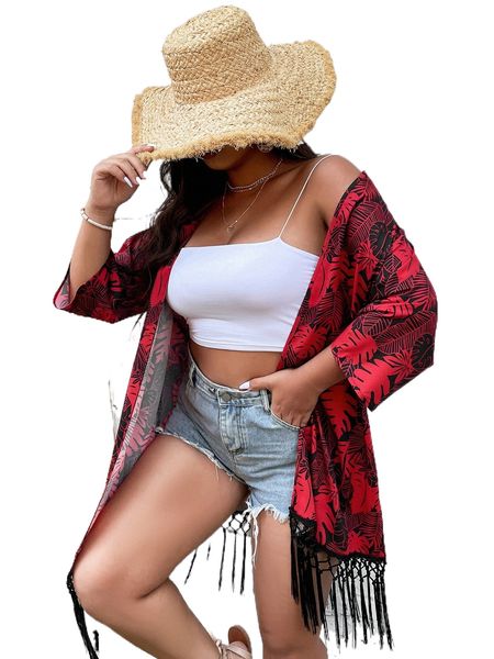 

plus tropical print fringe trim kimono q9n6#, Black;gray