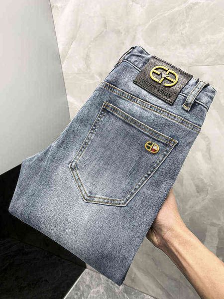 

/ spring summer 2022 men's jeans small foot slim fit trend korean casual elastic pants thin, Blue