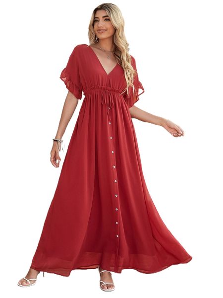 

button front tied backless ruffle trim dress j33w#, Black;gray