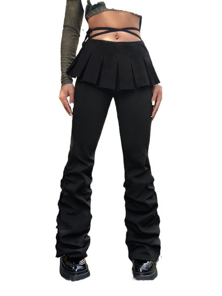 

high waist crisscross pleated front stacked pants p2ku#, Black;white