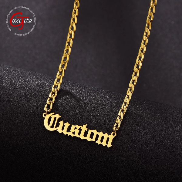 

goxijite personalized old english name jewelry customized nameplate charm necklaces cuban chain stainless steel women men gift 220722, Silver