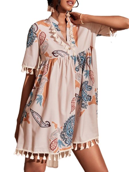 

paisley print fringe trim smock dress a1xa#, Black;gray