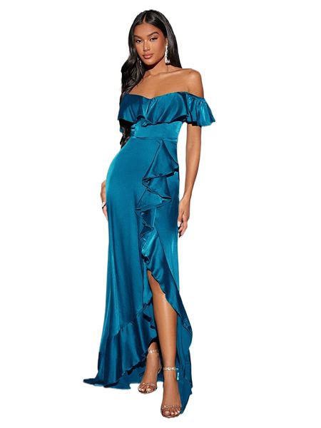 

ruffle trim off shoulder satin wrap dress e2dz#, Black;gray