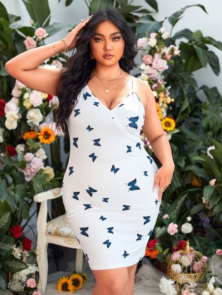 

sxy plus butterfly print surplice neck cami dress u22w#, Black