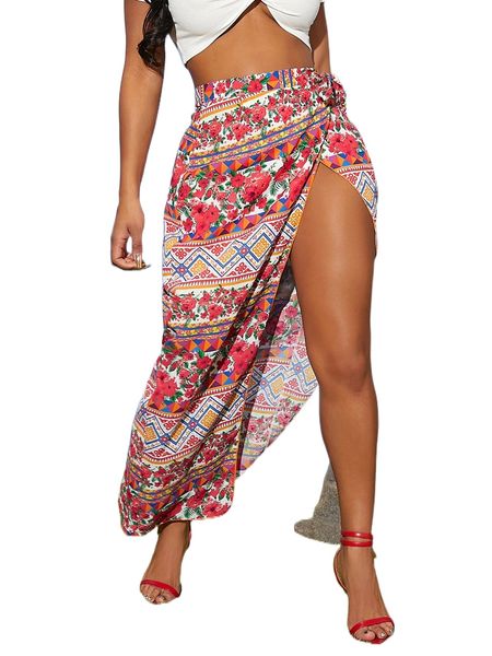 

sxy floral & geo print knot side wrap split thigh skirt a99h#, Black