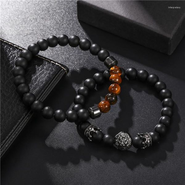 Очарование браслетов 2pcs/Set Fashion Lion Lion Crown Black Mosted Stone Bracelet Men Classic Matte для Pave Cz GiftCharm Inte22