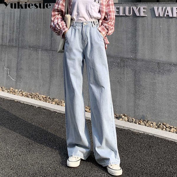 Летние джинсы с высокой талией Свободный парень для женщин Blue Vintage Straight Strains Stenm Streetwear 210608