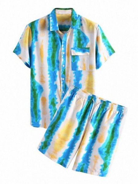 

tie dye print vacation shirt and shorts two piece set 30kh#, Gray