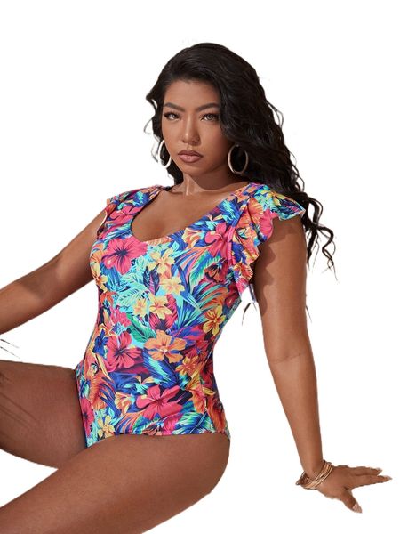

plus floral print ruffle one piece swimsuit s2ak#, White;black
