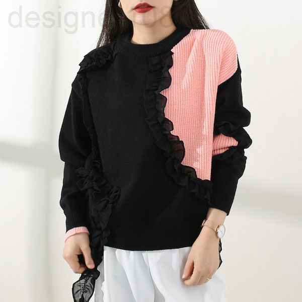 

women's knits & tees designer []design sense color matching pullover sweater women's loose contrast outside wearing ruffle foreign, White