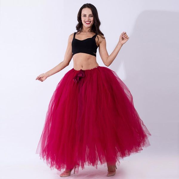 Gonne Fatte A Mano Vino Rosso A Pieghe Maxi Tulle Womens Elegante Grande Altalena Lunga Vita Alta Gonna Tutu Per AdultiGonneGonne